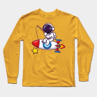 Astronaut Fishing Star On Rocket Cartoon Long Sleeve T-Shirt